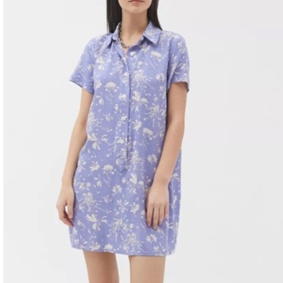 UO Wismer Printed Mini Shirt Dress - Periwinkle Blue & White - Size Large - NWT - Picture 1 of 7